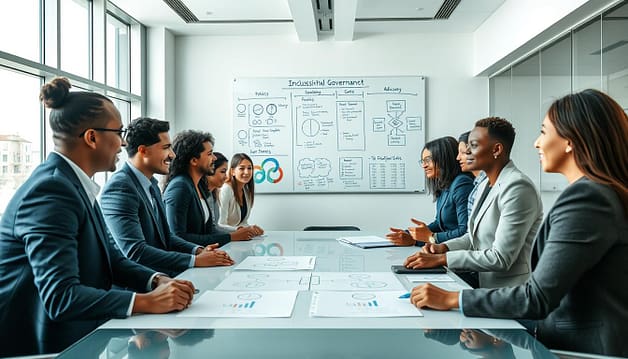 A diverse group of professionals gathered around a modern conference table, engaged in a collaborative discussion about inclusive governance in sports. The foreground features individuals of various ethnicities and genders, all dressed in professional business attire, animatedly sharing ideas and perspectives. In the middle ground, a large whiteboard displays charts and diagrams representing policies, quotas, and advisory boards that encourage representative leadership. In the background, a sleek office with large windows allows natural light to pour in, creating a bright and positive atmosphere. The angle captures the dynamic interaction and expressions of determination among the participants, emphasizing a mood of collaboration and empowerment in decision-making. A diverse group of professionals gathered around a modern conference table, engaged in a collaborative discussion about inclusive governance in sports. The foreground features individuals of various ethnicities and genders, all dressed in professional business attire, animatedly sharing ideas and perspectives. In the middle ground, a large whiteboard displays charts and diagrams representing policies, quotas, and advisory boards that encourage representative leadership. In the background, a sleek office with large windows allows natural light to pour in, creating a bright and positive atmosphere. The angle captures the dynamic interaction and expressions of determination among the participants, emphasizing a mood of collaboration and empowerment in decision-making.