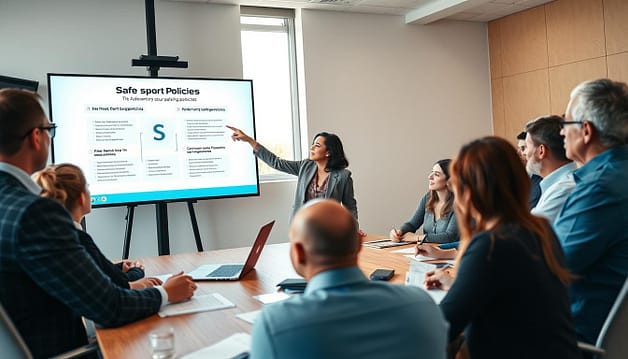 A diverse group of professionals in a modern conference room engages in a collaborative discussion about safe sport policies. In the foreground, a middle-aged woman in professional attire points to a digital presentation on a large screen that displays key elements of safeguarding policies. Surrounding her are individuals of varied backgrounds—young adults, older men and women—taking notes and contributing ideas. The middle ground features a large wooden table with documents and laptops scattered around. In the background, a window lets in soft natural light, lending a warm atmosphere to the room. The setting conveys a sense of teamwork and determination to ensure the safety of all sports participants, with a focus on professionalism and inclusivity. A diverse group of professionals in a modern conference room engages in a collaborative discussion about safe sport policies. In the foreground, a middle-aged woman in professional attire points to a digital presentation on a large screen that displays key elements of safeguarding policies. Surrounding her are individuals of varied backgrounds—young adults, older men and women—taking notes and contributing ideas. The middle ground features a large wooden table with documents and laptops scattered around. In the background, a window lets in soft natural light, lending a warm atmosphere to the room. The setting conveys a sense of teamwork and determination to ensure the safety of all sports participants, with a focus on professionalism and inclusivity.