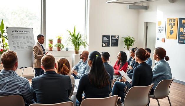 A focused scene depicting a group of diverse individuals engaged in an abuse prevention training session. In the foreground, a professional trainer, dressed in business attire, stands confidently at a whiteboard, highlighting key strategies with diagrams and bullet points. The middle ground features attentive participants seated in a semi-circle, varying in age and ethnicity, all in smart casual clothing, taking notes and interacting actively. In the background, a well-lit classroom or conference room setting with large windows letting in natural light, plants adorning the space, and motivational posters on the walls. The atmosphere conveys a sense of seriousness and professionalism, emphasizing the importance of safety and compliance in sports training. The image should be bright and inviting, capturing a culture of awareness and engagement in community sports leadership. A focused scene depicting a group of diverse individuals engaged in an abuse prevention training session. In the foreground, a professional trainer, dressed in business attire, stands confidently at a whiteboard, highlighting key strategies with diagrams and bullet points. The middle ground features attentive participants seated in a semi-circle, varying in age and ethnicity, all in smart casual clothing, taking notes and interacting actively. In the background, a well-lit classroom or conference room setting with large windows letting in natural light, plants adorning the space, and motivational posters on the walls. The atmosphere conveys a sense of seriousness and professionalism, emphasizing the importance of safety and compliance in sports training. The image should be bright and inviting, capturing a culture of awareness and engagement in community sports leadership.
