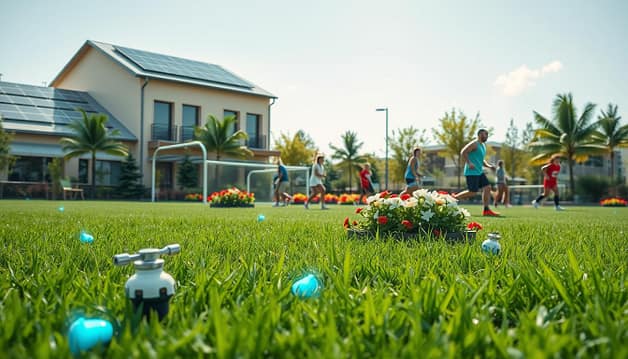 A futuristic smart irrigation system integrated into a vibrant sustainable recreation center. In the foreground, showcase advanced irrigation sensors embedded in lush green grass, with water-efficient fixtures visibly watering flower beds. In the middle ground, depict athletes engaged in various sports activities, dressed in professional sports attire, enjoying the well-maintained environment. The background features eco-friendly buildings with solar panels and rainwater harvesting systems, surrounded by trees and shrubbery. Bright, natural lighting illuminates the scene, emphasizing the verdant landscape and the innovative technology at work. Capture a serene and inspiring atmosphere that reflects community engagement and environmental stewardship, showcasing the harmony between nature and technology. A futuristic smart irrigation system integrated into a vibrant sustainable recreation center. In the foreground, showcase advanced irrigation sensors embedded in lush green grass, with water-efficient fixtures visibly watering flower beds. In the middle ground, depict athletes engaged in various sports activities, dressed in professional sports attire, enjoying the well-maintained environment. The background features eco-friendly buildings with solar panels and rainwater harvesting systems, surrounded by trees and shrubbery. Bright, natural lighting illuminates the scene, emphasizing the verdant landscape and the innovative technology at work. Capture a serene and inspiring atmosphere that reflects community engagement and environmental stewardship, showcasing the harmony between nature and technology.