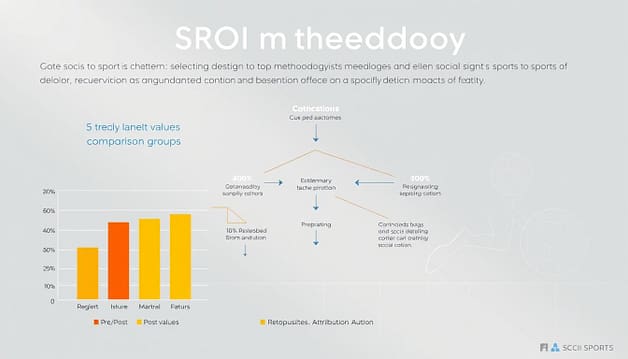 A detailed infographic illustrating the SROI methodology, featuring three distinct comparison groups with highlighted proxy values. In the foreground, display a clear chart comparing pre/post values, with cleverly juxtaposed bars in vibrant colors. The middle section should exhibit a flowchart design connecting methodologies with arrows, using smooth lines to indicate relationships and attribution caution. The background should be a muted, professional gradient to enhance readability, with faint outlines of sports imagery subtly incorporated, such as a soccer ball and basketball, representing the social impact of sports. Use soft, natural lighting to create a clean, analytical atmosphere, perfect for professional publication. A detailed infographic illustrating the SROI methodology, featuring three distinct comparison groups with highlighted proxy values. In the foreground, display a clear chart comparing pre/post values, with cleverly juxtaposed bars in vibrant colors. The middle section should exhibit a flowchart design connecting methodologies with arrows, using smooth lines to indicate relationships and attribution caution. The background should be a muted, professional gradient to enhance readability, with faint outlines of sports imagery subtly incorporated, such as a soccer ball and basketball, representing the social impact of sports. Use soft, natural lighting to create a clean, analytical atmosphere, perfect for professional publication.