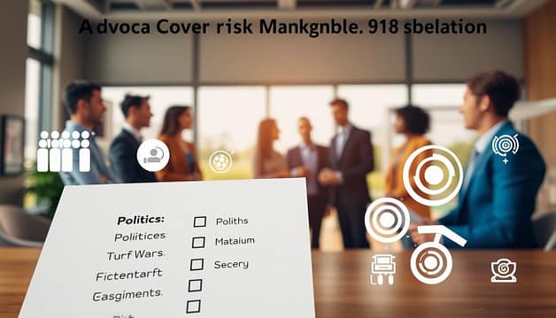 A visually compelling advocacy campaign risk mitigation checklist presented in a professional setting. The foreground features a well-organized checklist with items such as "Politics," "Turf Wars," and "Mission Drift," written in clean, bold fonts. The checklist is surrounded by various icons symbolizing collaboration, strategy, and community sports, such as people shaking hands, a soccer ball, and a target. In the middle ground, a diverse group of individuals in professional attire actively discusses strategies over the checklist, showcasing teamwork and determination. The background includes blurred silhouettes of a community sports field, symbolizing the setting. Soft, natural lighting filters through a window, creating a hopeful and focused atmosphere, while the overall color palette consists of warm tones to evoke a sense of positivity and collaboration. A visually compelling advocacy campaign risk mitigation checklist presented in a professional setting. The foreground features a well-organized checklist with items such as "Politics," "Turf Wars," and "Mission Drift," written in clean, bold fonts. The checklist is surrounded by various icons symbolizing collaboration, strategy, and community sports, such as people shaking hands, a soccer ball, and a target. In the middle ground, a diverse group of individuals in professional attire actively discusses strategies over the checklist, showcasing teamwork and determination. The background includes blurred silhouettes of a community sports field, symbolizing the setting. Soft, natural lighting filters through a window, creating a hopeful and focused atmosphere, while the overall color palette consists of warm tones to evoke a sense of positivity and collaboration.