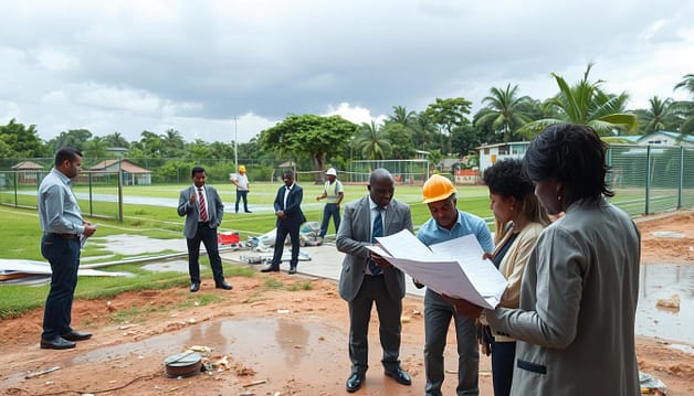 A vivid scene depicting a community sports venue undergoing drainage upgrades as part of climate-proofing efforts. In the foreground, a diverse group of professionals in business attire collaborates with engineers, examining blueprints and discussing plans. The middle ground features construction workers implementing modern drainage systems, with tools and equipment scattered around. In the background, a sports field is visible, partially flooded from recent storm rains, while trees sway gently in the wind, indicating the ongoing weather challenges. The lighting is bright but slightly overcast, suggesting an impending storm, creating an atmosphere of urgency and determination. The scene captures a sense of community resilience and proactive measures to ensure the continuity of sports operations amidst climate threats. A vivid scene depicting a community sports venue undergoing drainage upgrades as part of climate-proofing efforts. In the foreground, a diverse group of professionals in business attire collaborates with engineers, examining blueprints and discussing plans. The middle ground features construction workers implementing modern drainage systems, with tools and equipment scattered around. In the background, a sports field is visible, partially flooded from recent storm rains, while trees sway gently in the wind, indicating the ongoing weather challenges. The lighting is bright but slightly overcast, suggesting an impending storm, creating an atmosphere of urgency and determination. The scene captures a sense of community resilience and proactive measures to ensure the continuity of sports operations amidst climate threats.