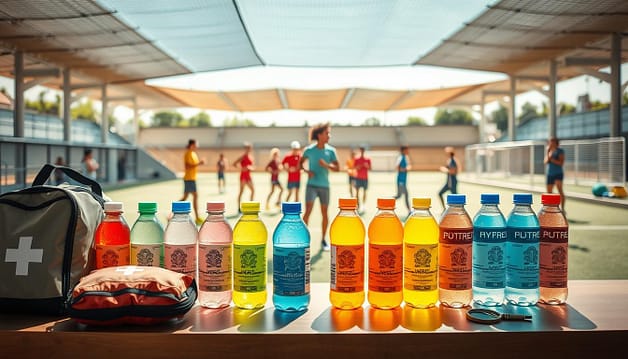 A well-organized sports hydration station featuring various electrolyte drinks and medical supplies. In the foreground, a table displays colorful bottles of hydration electrolytes, along with a medical first-aid kit. In the middle ground, a diverse group of athletes in professional sports attire are engaging in warm-up exercises under bright sunlight. In the background, a large outdoor sports facility with shaded areas and hydration stations is visible, promoting safety in extreme heat. The lighting captures the bright, sunny atmosphere with soft shadows for a dynamic look. The image conveys a sense of readiness, safety, and the importance of hydration amidst challenging weather conditions, emphasizing a proactive approach to health in sports. A well-organized sports hydration station featuring various electrolyte drinks and medical supplies. In the foreground, a table displays colorful bottles of hydration electrolytes, along with a medical first-aid kit. In the middle ground, a diverse group of athletes in professional sports attire are engaging in warm-up exercises under bright sunlight. In the background, a large outdoor sports facility with shaded areas and hydration stations is visible, promoting safety in extreme heat. The lighting captures the bright, sunny atmosphere with soft shadows for a dynamic look. The image conveys a sense of readiness, safety, and the importance of hydration amidst challenging weather conditions, emphasizing a proactive approach to health in sports.
