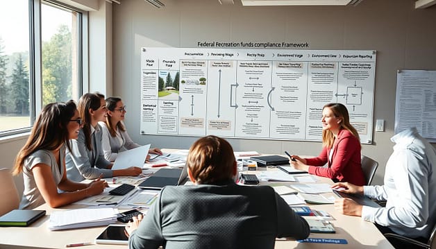 A comprehensive visualization of a "federal recreation funds compliance framework," illustrating key elements of procurement, prevailing wage, environmental review, and reporting. In the foreground, a group of diverse professionals dressed in business attire engage in a discussion around a large table cluttered with documents, laptops, and charts. In the middle ground, a large chart on the wall outlines the compliance framework, illustrated with arrows and icons for clarity. The background features a window showing a park scene, symbolizing the recreational aspect. The lighting is bright and natural, creating an open and inviting atmosphere, while the angle captures the dynamic interaction among the professionals. The overall mood conveys teamwork and diligence in navigating government funding compliance. A comprehensive visualization of a "federal recreation funds compliance framework," illustrating key elements of procurement, prevailing wage, environmental review, and reporting. In the foreground, a group of diverse professionals dressed in business attire engage in a discussion around a large table cluttered with documents, laptops, and charts. In the middle ground, a large chart on the wall outlines the compliance framework, illustrated with arrows and icons for clarity. The background features a window showing a park scene, symbolizing the recreational aspect. The lighting is bright and natural, creating an open and inviting atmosphere, while the angle captures the dynamic interaction among the professionals. The overall mood conveys teamwork and diligence in navigating government funding compliance.