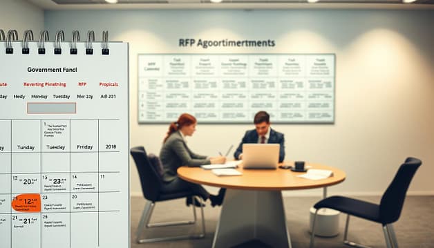 A detailed visual representation of a public funding fiscal calendar and RFP cycle timing for government grants related to sports. The foreground features a dynamic calendar with months labeled clearly, showing specific deadlines and application periods. In the middle, depict representatives in professional business attire discussing and reviewing proposals at a round table, with laptops and documents spread out for collaboration. The background includes a wall-mounted chart showcasing timelines for public hearings and RFP announcements, with a blend of soft lighting that creates a focused atmosphere. Use a wide-angle lens to capture the entire scene, emphasizing the importance of timing in government funding. Convey a sense of professionalism and urgency, suitable for a business environment. A detailed visual representation of a public funding fiscal calendar and RFP cycle timing for government grants related to sports. The foreground features a dynamic calendar with months labeled clearly, showing specific deadlines and application periods. In the middle, depict representatives in professional business attire discussing and reviewing proposals at a round table, with laptops and documents spread out for collaboration. The background includes a wall-mounted chart showcasing timelines for public hearings and RFP announcements, with a blend of soft lighting that creates a focused atmosphere. Use a wide-angle lens to capture the entire scene, emphasizing the importance of timing in government funding. Convey a sense of professionalism and urgency, suitable for a business environment.