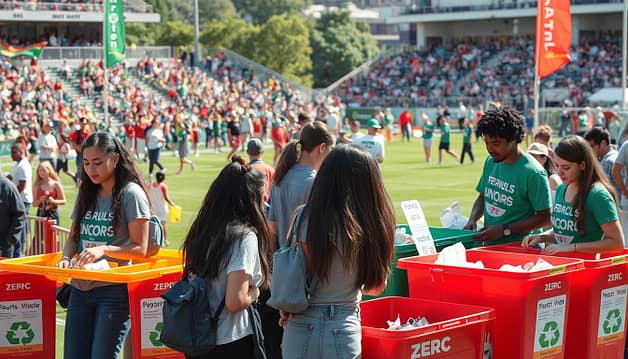 A vibrant scene at a bustling sports event showcasing youth green teams actively managing zero-waste stations. In the foreground, diverse young adults in modest casual clothing are sorting recyclable materials at colorful, well-labeled bins, with bright signage promoting recycling and composting. The middle ground features large groups of spectators enjoying the event, with zero-waste station volunteers engaging visitors and explaining the process. In the background, a lively sports field is alive with action, and banners promoting sustainability flap gently in the wind. Use natural daylight to create a warm, inviting atmosphere, with a slight depth of field focusing on the volunteers, capturing the community spirit and commitment to sustainability in a dynamic and energetic setting. A vibrant scene at a bustling sports event showcasing youth green teams actively managing zero-waste stations. In the foreground, diverse young adults in modest casual clothing are sorting recyclable materials at colorful, well-labeled bins, with bright signage promoting recycling and composting. The middle ground features large groups of spectators enjoying the event, with zero-waste station volunteers engaging visitors and explaining the process. In the background, a lively sports field is alive with action, and banners promoting sustainability flap gently in the wind. Use natural daylight to create a warm, inviting atmosphere, with a slight depth of field focusing on the volunteers, capturing the community spirit and commitment to sustainability in a dynamic and energetic setting.