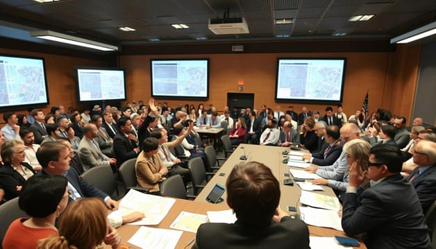 A bustling municipal meeting room filled with attentive individuals in professional business attire, gathered for a city zoning permits hearing. In the foreground, a diverse panel of city officials is seated at a long table, examining zoning maps and documents under bright overhead lights. In the middle, community members are engaged in discussions, some raising hands to offer input, while others observe with expressions of concern and interest. In the background, large presentation screens display city layouts and timelines related to permits and hearings. The room is filled with a sense of urgency and collaboration, characterized by a warm, inviting atmosphere softened by natural light streaming through large windows. The composition is captured from an eye-level angle to emphasize engagement and professionalism within the space. A bustling municipal meeting room filled with attentive individuals in professional business attire, gathered for a city zoning permits hearing. In the foreground, a diverse panel of city officials is seated at a long table, examining zoning maps and documents under bright overhead lights. In the middle, community members are engaged in discussions, some raising hands to offer input, while others observe with expressions of concern and interest. In the background, large presentation screens display city layouts and timelines related to permits and hearings. The room is filled with a sense of urgency and collaboration, characterized by a warm, inviting atmosphere softened by natural light streaming through large windows. The composition is captured from an eye-level angle to emphasize engagement and professionalism within the space.