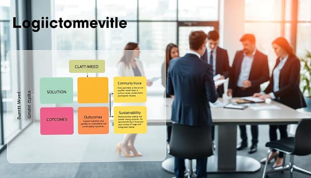 A detailed logic model diagram illustrating outcomes in a professional setting. In the foreground, a transparent flowchart with visually distinct sections labeled as "Need," "Solution," "Community Voice," "Outcomes," and "Sustainability," using vibrant colors to differentiate each part. In the middle background, a well-organized workspace with a sleek conference table surrounded by diverse professionals in business attire, engaged in discussion and analyzing documents. The background features a bright, modern office with large windows letting in natural light, creating a productive and collaborative atmosphere. The image captures a sense of teamwork, clarity, and purpose, emphasizing the structured approach to achieving meaningful outcomes in grant writing for sports infrastructure. A detailed logic model diagram illustrating outcomes in a professional setting. In the foreground, a transparent flowchart with visually distinct sections labeled as "Need," "Solution," "Community Voice," "Outcomes," and "Sustainability," using vibrant colors to differentiate each part. In the middle background, a well-organized workspace with a sleek conference table surrounded by diverse professionals in business attire, engaged in discussion and analyzing documents. The background features a bright, modern office with large windows letting in natural light, creating a productive and collaborative atmosphere. The image captures a sense of teamwork, clarity, and purpose, emphasizing the structured approach to achieving meaningful outcomes in grant writing for sports infrastructure.