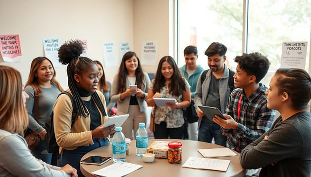 A diverse group of enthusiastic teens, depicted in professional casual attire, actively engaging in a youth council meeting focused on fostering safe and inclusive practices. In the foreground, a young Black girl is sharing ideas, while a Hispanic boy takes notes on a tablet. The middle ground features a round table filled with healthy snacks, water bottles, and resource materials about transportation and consent forms, symbolizing support for all participants. The background shows a welcoming community center room with posters about inclusivity and available translation services. Natural light flows in through large windows, creating an open and inviting atmosphere. The scene conveys teamwork, empowerment, and a sense of belonging, reflecting the spirit of youth involvement in decision-making. A diverse group of enthusiastic teens, depicted in professional casual attire, actively engaging in a youth council meeting focused on fostering safe and inclusive practices. In the foreground, a young Black girl is sharing ideas, while a Hispanic boy takes notes on a tablet. The middle ground features a round table filled with healthy snacks, water bottles, and resource materials about transportation and consent forms, symbolizing support for all participants. The background shows a welcoming community center room with posters about inclusivity and available translation services. Natural light flows in through large windows, creating an open and inviting atmosphere. The scene conveys teamwork, empowerment, and a sense of belonging, reflecting the spirit of youth involvement in decision-making.