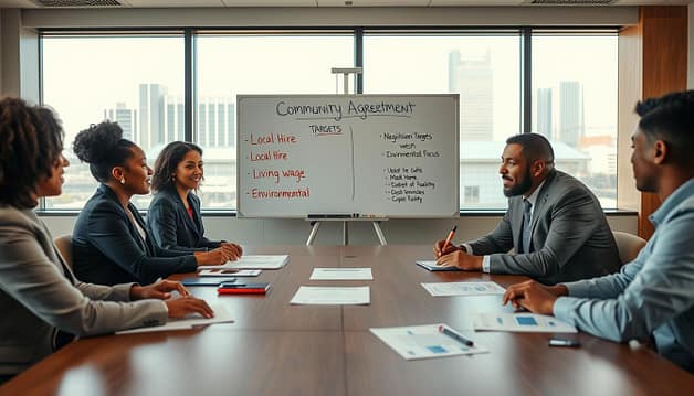 A diverse group of professionals engaged in a negotiation meeting for a Community Benefits Agreement, set in a well-lit conference room. In the foreground, three individuals in business attire, including a Black woman and a Hispanic man, are discussing at a large wooden table, with documents and charts spread out. The middle layer features a whiteboard displaying key negotiation targets like "Local Hire," "Living Wage," and "Environmental Focus," written in vibrant markers. The background shows large windows with natural light streaming in, illuminating a cityscape that hints at the sports facility. The atmosphere is collaborative and optimistic, conveying unity and determination for community benefit, with a slight depth of field focusing on the negotiators. A diverse group of professionals engaged in a negotiation meeting for a Community Benefits Agreement, set in a well-lit conference room. In the foreground, three individuals in business attire, including a Black woman and a Hispanic man, are discussing at a large wooden table, with documents and charts spread out. The middle layer features a whiteboard displaying key negotiation targets like "Local Hire," "Living Wage," and "Environmental Focus," written in vibrant markers. The background shows large windows with natural light streaming in, illuminating a cityscape that hints at the sports facility. The atmosphere is collaborative and optimistic, conveying unity and determination for community benefit, with a slight depth of field focusing on the negotiators.