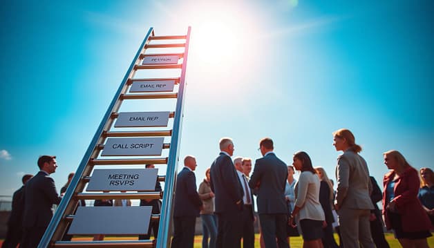 A dynamic action ladder visualizing the steps of sports advocacy: a vibrant, ascending ladder in the foreground, each rung labeled with clear icons representing "petition," "email rep," "call script," and "meeting RSVPs." The ladder is made of sturdy metal, reflecting an optimistic and determined atmosphere. In the middle ground, diverse groups of people in professional business attire gather around, discussing and collaborating, with expressions of enthusiasm and focus. The background features a bright blue sky and sun, symbolizing hope and progress in sports access advocacy. Light plays delicately on the ladder, casting soft shadows, and emphasizing the importance of each step in the advocacy process. The overall mood is inspiring and motivational, evoking a sense of community and action. A dynamic action ladder visualizing the steps of sports advocacy: a vibrant, ascending ladder in the foreground, each rung labeled with clear icons representing "petition," "email rep," "call script," and "meeting RSVPs." The ladder is made of sturdy metal, reflecting an optimistic and determined atmosphere. In the middle ground, diverse groups of people in professional business attire gather around, discussing and collaborating, with expressions of enthusiasm and focus. The background features a bright blue sky and sun, symbolizing hope and progress in sports access advocacy. Light plays delicately on the ladder, casting soft shadows, and emphasizing the importance of each step in the advocacy process. The overall mood is inspiring and motivational, evoking a sense of community and action.