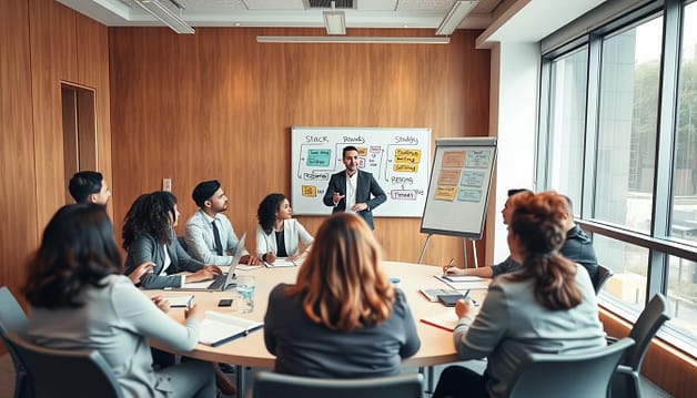 A professional meeting room setting with a round table surrounded by diverse individuals engaged in active discussion. In the foreground, a facilitator stands confidently, gesturing towards a whiteboard filled with colorful diagrams illustrating "stack," "rounds," "reframing," "parking lot," and "time boxes." The middle ground features participants of various ethnicities in business attire, actively listening and taking notes, creating a sense of collaboration. The background showcases large windows letting in soft, natural light, enhancing the warm atmosphere. The image is captured with a wide-angle lens to emphasize the group's dynamics, creating a mood of openness, teamwork, and productive engagement. A professional meeting room setting with a round table surrounded by diverse individuals engaged in active discussion. In the foreground, a facilitator stands confidently, gesturing towards a whiteboard filled with colorful diagrams illustrating "stack," "rounds," "reframing," "parking lot," and "time boxes." The middle ground features participants of various ethnicities in business attire, actively listening and taking notes, creating a sense of collaboration. The background showcases large windows letting in soft, natural light, enhancing the warm atmosphere. The image is captured with a wide-angle lens to emphasize the group's dynamics, creating a mood of openness, teamwork, and productive engagement.