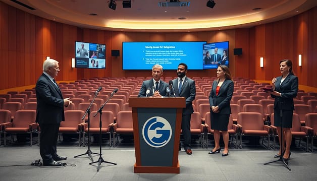 A professional press conference setup featuring a sleek podium adorned with a company logo, positioned center stage. In the foreground, multiple microphones arranged neatly on the podium, and a backdrop displaying images of the organization’s achievements. In the middle ground, a diverse group of three speakers in professional business attire, engaged in discussion, with attentive expressions. One speaker is addressing the audience, while the others listen calmly, showcasing a sense of collaboration. The background reveals a well-lit auditorium with rows of chairs facing the podium, illuminated by soft, warm lighting for a welcoming atmosphere. The scene captures a dynamic yet formal mood, ideal for conveying media relations, with a slight focus on accessibility features like a ramp and interpreters visible in the wings of the stage. A professional press conference setup featuring a sleek podium adorned with a company logo, positioned center stage. In the foreground, multiple microphones arranged neatly on the podium, and a backdrop displaying images of the organization’s achievements. In the middle ground, a diverse group of three speakers in professional business attire, engaged in discussion, with attentive expressions. One speaker is addressing the audience, while the others listen calmly, showcasing a sense of collaboration. The background reveals a well-lit auditorium with rows of chairs facing the podium, illuminated by soft, warm lighting for a welcoming atmosphere. The scene captures a dynamic yet formal mood, ideal for conveying media relations, with a slight focus on accessibility features like a ramp and interpreters visible in the wings of the stage.