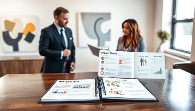 A sleek, professional partnership proposal package displayed on a polished wooden desk. In the foreground, a well-organized proposal folder, opened to showcase a visually appealing impact thesis page with charts and graphics highlighting key metrics. Flanking the folder are neatly arranged budget tiers on one side, and activation ideas on the other, featuring creative illustrations. The middle ground features a pair of business professionals, one man and one woman, dressed in smart business attire, engaged in discussion over the proposal, with focused expressions. In the background, a soft-focus office setting reveals abstract art on the walls and large windows letting in natural light that creates a warm, productive atmosphere. The overall mood is collaborative and optimistic, reflecting a commitment to community engagement through corporate social responsibility. A sleek, professional partnership proposal package displayed on a polished wooden desk. In the foreground, a well-organized proposal folder, opened to showcase a visually appealing impact thesis page with charts and graphics highlighting key metrics. Flanking the folder are neatly arranged budget tiers on one side, and activation ideas on the other, featuring creative illustrations. The middle ground features a pair of business professionals, one man and one woman, dressed in smart business attire, engaged in discussion over the proposal, with focused expressions. In the background, a soft-focus office setting reveals abstract art on the walls and large windows letting in natural light that creates a warm, productive atmosphere. The overall mood is collaborative and optimistic, reflecting a commitment to community engagement through corporate social responsibility.