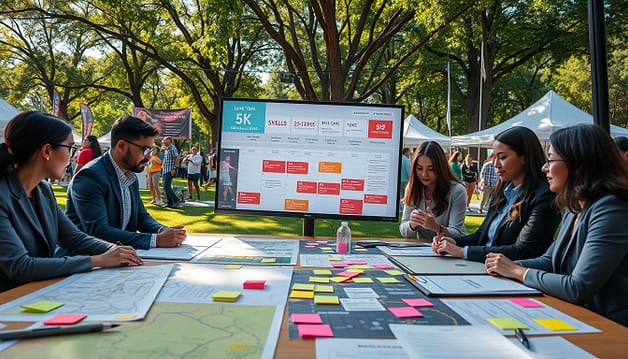 A vibrant and dynamic scene showcasing event logistics planning for community fundraising activities. In the foreground, a diverse group of professionals in business attire collaborates over a large table covered in event maps, checklists, and colorful sticky notes. In the middle ground, a large digital screen displays a timeline and promotional materials for a 5K run, skills clinic, and block party. The background features a park setting with banners and tents being set up, hinting at excitement and community involvement. The atmosphere is lively and focused, illuminated by natural daylight streaming through trees. Capture a wide-angle perspective to emphasize teamwork and the blend of various event formats, conveying a sense of organization and enthusiasm. A vibrant and dynamic scene showcasing event logistics planning for community fundraising activities. In the foreground, a diverse group of professionals in business attire collaborates over a large table covered in event maps, checklists, and colorful sticky notes. In the middle ground, a large digital screen displays a timeline and promotional materials for a 5K run, skills clinic, and block party. The background features a park setting with banners and tents being set up, hinting at excitement and community involvement. The atmosphere is lively and focused, illuminated by natural daylight streaming through trees. Capture a wide-angle perspective to emphasize teamwork and the blend of various event formats, conveying a sense of organization and enthusiasm.