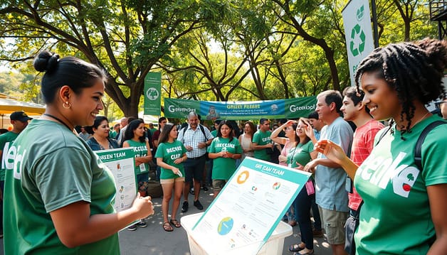 A vibrant outdoor scene at a sustainable event, featuring a diverse group of Green Team volunteers engaged in educational activities with fans. In the foreground, two volunteers in modest casual clothing demonstrate recycling practices using colorful and clear informational posters. In the middle ground, a small crowd of enthusiastic attendees participates, actively listening and interacting with the volunteers. Lush green trees and eco-friendly banners create a cheerful backdrop, while bright sunlight filters through, casting soft, warm light over the scene. The atmosphere is lively and positive, conveying community spirit and a shared commitment to sustainability. The image is captured at eye-level to emphasize connection and engagement among the volunteers and fans. A vibrant outdoor scene at a sustainable event, featuring a diverse group of Green Team volunteers engaged in educational activities with fans. In the foreground, two volunteers in modest casual clothing demonstrate recycling practices using colorful and clear informational posters. In the middle ground, a small crowd of enthusiastic attendees participates, actively listening and interacting with the volunteers. Lush green trees and eco-friendly banners create a cheerful backdrop, while bright sunlight filters through, casting soft, warm light over the scene. The atmosphere is lively and positive, conveying community spirit and a shared commitment to sustainability. The image is captured at eye-level to emphasize connection and engagement among the volunteers and fans.