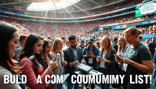 A vibrant sports event scene capturing a diverse group of people engaged in various SMS sign-up activities. In the foreground, individuals of different ages and ethnicities, dressed in smart casual clothing, enthusiastically scanning QR codes with their smartphones. In the middle ground, interactive booths with friendly volunteers assisting attendees in signing up for newsletters and petitions on sleek tablets. The background showcases a lively sports arena filled with cheering fans, colorful banners, and digital screens displaying advocacy messages. Bright, natural lighting streams in, creating an energetic atmosphere. A dynamic angle captures the excitement, focusing on the participation and unity in advocating for sports access, emphasizing the importance of building a community list. A vibrant sports event scene capturing a diverse group of people engaged in various SMS sign-up activities. In the foreground, individuals of different ages and ethnicities, dressed in smart casual clothing, enthusiastically scanning QR codes with their smartphones. In the middle ground, interactive booths with friendly volunteers assisting attendees in signing up for newsletters and petitions on sleek tablets. The background showcases a lively sports arena filled with cheering fans, colorful banners, and digital screens displaying advocacy messages. Bright, natural lighting streams in, creating an energetic atmosphere. A dynamic angle captures the excitement, focusing on the participation and unity in advocating for sports access, emphasizing the importance of building a community list.