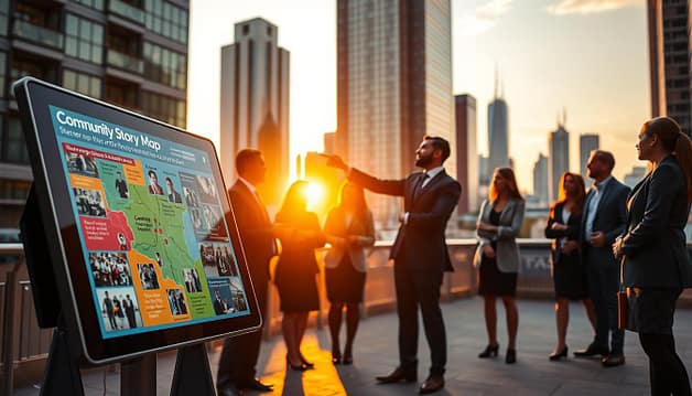 A vibrant urban scene showcasing a digital story map display, positioned prominently in the foreground. The map features colorful visuals combining data points, relevant photographs of community sports activities, and inspiring quotes from local athletes. In the middle ground, a diverse group of professionals in business attire discusses the story map earnestly, pointing at various data elements, highlighting the collaborative nature of advocacy. The background reveals a city skyline at sunset, casting a warm golden light that adds an inspiring and optimistic atmosphere to the scene. The lens captures a wide angle, making the visuals engaging while maintaining clarity. The overall mood is energizing and motivational, emphasizing the importance of combining data with personal stories for impactful advocacy. A vibrant urban scene showcasing a digital story map display, positioned prominently in the foreground. The map features colorful visuals combining data points, relevant photographs of community sports activities, and inspiring quotes from local athletes. In the middle ground, a diverse group of professionals in business attire discusses the story map earnestly, pointing at various data elements, highlighting the collaborative nature of advocacy. The background reveals a city skyline at sunset, casting a warm golden light that adds an inspiring and optimistic atmosphere to the scene. The lens captures a wide angle, making the visuals engaging while maintaining clarity. The overall mood is energizing and motivational, emphasizing the importance of combining data with personal stories for impactful advocacy.