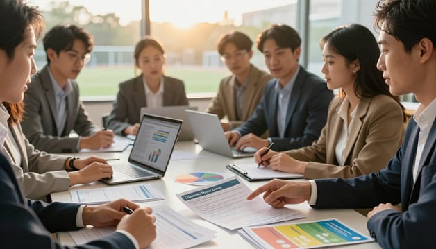 A close-up scene depicting a diverse group of professionals in smart casual attire, seated around a table covered with sports grant application forms, colorful brochures, and a laptop displaying graphs and charts. In the foreground, a hand points at a brochure titled "Community Sports Grants," emphasizing collaboration. The middle layer features active discussions with various facial expressions illustrating determination and optimism. The background shows a large window with warm light streaming in, illuminating a sports field outside, bathed in golden hour sunlight. The atmosphere is focused and collaborative, emphasizing hope and opportunity for community sports projects. No text or branding elements present. A close-up scene depicting a diverse group of professionals in smart casual attire, seated around a table covered with sports grant application forms, colorful brochures, and a laptop displaying graphs and charts. In the foreground, a hand points at a brochure titled "Community Sports Grants," emphasizing collaboration. The middle layer features active discussions with various facial expressions illustrating determination and optimism. The background shows a large window with warm light streaming in, illuminating a sports field outside, bathed in golden hour sunlight. The atmosphere is focused and collaborative, emphasizing hope and opportunity for community sports projects. No text or branding elements present.