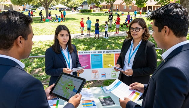 A diverse group of four individuals engaging in community outreach, demonstrating various advocacy tools. In the foreground, one person holds a digital tablet displaying a community map, while another shares pamphlets and brochures about local initiatives. The middle ground features a booth set up with banners and colorful flyers promoting volunteer opportunities, surrounded by a welcoming, lively atmosphere. In the background, a vibrant community park bustling with families and children enjoying activities, symbolizing community engagement. The lighting is bright and sunny, creating an uplifting mood. The scene is captured with a wide-angle lens to emphasize the inclusive environment, with the focus on the individuals actively engaging with each other, dressed in professional business attire. A diverse group of four individuals engaging in community outreach, demonstrating various advocacy tools. In the foreground, one person holds a digital tablet displaying a community map, while another shares pamphlets and brochures about local initiatives. The middle ground features a booth set up with banners and colorful flyers promoting volunteer opportunities, surrounded by a welcoming, lively atmosphere. In the background, a vibrant community park bustling with families and children enjoying activities, symbolizing community engagement. The lighting is bright and sunny, creating an uplifting mood. The scene is captured with a wide-angle lens to emphasize the inclusive environment, with the focus on the individuals actively engaging with each other, dressed in professional business attire.
