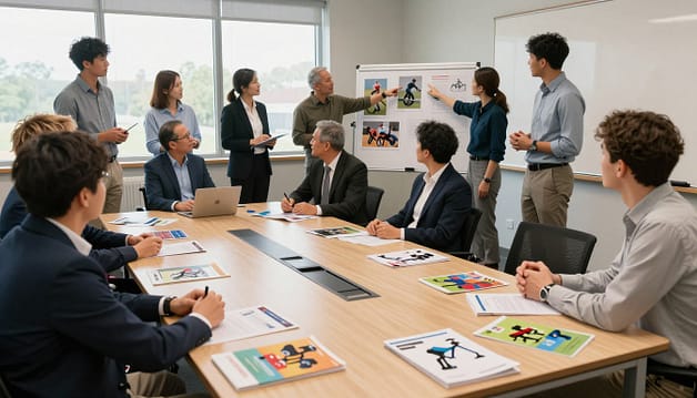 A diverse group of individuals engaged in a dynamic meeting, exchanging ideas about adaptive sports equipment, in a well-lit conference room. In the foreground, a conference table is strewn with colorful brochures depicting various adaptive sports gear, including a customized wheelchair, sports prosthetics, and adaptive bikes. The middle ground showcases individuals discussing, some pointing at a large display board featuring images of adaptive athletes in action. The background is filled with large windows allowing natural light to filter in, enhancing the productive vibe. The atmosphere is collaborative and inspiring, with everyone dressed in professional business attire. The scene is shot with a slight angle to emphasize engagement and team spirit, with soft lighting to create a warm, inviting environment. A diverse group of individuals engaged in a dynamic meeting, exchanging ideas about adaptive sports equipment, in a well-lit conference room. In the foreground, a conference table is strewn with colorful brochures depicting various adaptive sports gear, including a customized wheelchair, sports prosthetics, and adaptive bikes. The middle ground showcases individuals discussing, some pointing at a large display board featuring images of adaptive athletes in action. The background is filled with large windows allowing natural light to filter in, enhancing the productive vibe. The atmosphere is collaborative and inspiring, with everyone dressed in professional business attire. The scene is shot with a slight angle to emphasize engagement and team spirit, with soft lighting to create a warm, inviting environment.