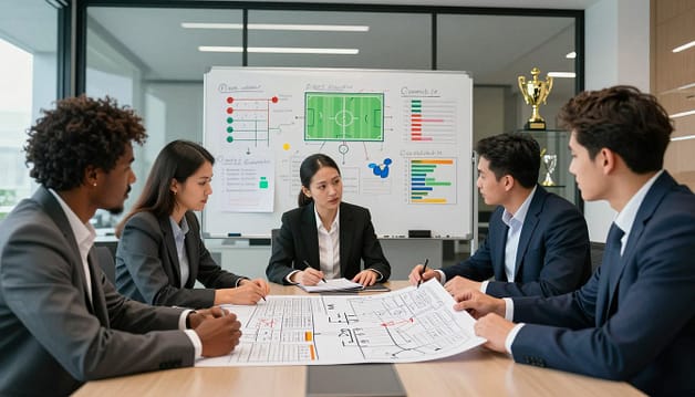 A dynamic and visually striking scene depicting a sports team strategy meeting focused on playbooks. In the foreground, a diverse group of five professionals in smart business attire gather around a sleek conference table, studying a large playbook filled with diagrams and strategies. The middle ground features a large whiteboard filled with colorful diagrams, charts, and notes highlighting sports strategies and key performance indicators. In the background, a modern boardroom with glass walls showcases trophies and sports memorabilia, blending professionalism with the spirit of competition. Soft, bright lighting enhances the atmosphere, creating an inspiring and focused environment. Capture the intensity and collaborative spirit of the meeting, with a wide-angle lens that emphasizes the collaborative efforts of the team. A dynamic and visually striking scene depicting a sports team strategy meeting focused on playbooks. In the foreground, a diverse group of five professionals in smart business attire gather around a sleek conference table, studying a large playbook filled with diagrams and strategies. The middle ground features a large whiteboard filled with colorful diagrams, charts, and notes highlighting sports strategies and key performance indicators. In the background, a modern boardroom with glass walls showcases trophies and sports memorabilia, blending professionalism with the spirit of competition. Soft, bright lighting enhances the atmosphere, creating an inspiring and focused environment. Capture the intensity and collaborative spirit of the meeting, with a wide-angle lens that emphasizes the collaborative efforts of the team.
