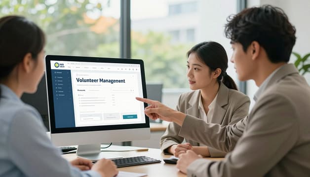 A modern office environment featuring a sleek computer screen showing an intuitive volunteer management software interface. In the foreground, a diverse group of three individuals in professional attire is engaged in a discussion, pointing at the screen and exchanging ideas, embodying collaboration and community spirit. In the middle background, a large window reveals a sunny day outside, with greenery visible, symbolizing a flourishing community. The lighting is soft and natural, enhancing the warm, inviting atmosphere. The focus is slightly shallow to emphasize the interaction among the individuals, while softly blurring the background. Overall, the image conveys a sense of empowerment, organization, and the pivotal role of technology in community engagement. A modern office environment featuring a sleek computer screen showing an intuitive volunteer management software interface. In the foreground, a diverse group of three individuals in professional attire is engaged in a discussion, pointing at the screen and exchanging ideas, embodying collaboration and community spirit. In the middle background, a large window reveals a sunny day outside, with greenery visible, symbolizing a flourishing community. The lighting is soft and natural, enhancing the warm, inviting atmosphere. The focus is slightly shallow to emphasize the interaction among the individuals, while softly blurring the background. Overall, the image conveys a sense of empowerment, organization, and the pivotal role of technology in community engagement.
