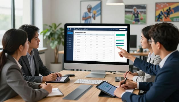A modern workspace illustrating league management tools, prominently featuring a sleek, user-friendly dashboard on a large computer screen displaying scheduling, registration, and analytics features. In the foreground, a diverse group of professionals in business attire collaborate, pointing at the screen and discussing strategies. The middle ground includes a conference table with tablets and notepads, depicting brainstorming and planning sessions. The background shows a bright, well-lit office with large windows, plants, and motivational sports-themed artwork. Soft, natural lighting creates an inviting atmosphere, with a slight focus on the screen while maintaining clarity on the engaged team. The overall mood is collaborative, professional, and innovative, emphasizing technology solutions for local sports leagues. A modern workspace illustrating league management tools, prominently featuring a sleek, user-friendly dashboard on a large computer screen displaying scheduling, registration, and analytics features. In the foreground, a diverse group of professionals in business attire collaborate, pointing at the screen and discussing strategies. The middle ground includes a conference table with tablets and notepads, depicting brainstorming and planning sessions. The background shows a bright, well-lit office with large windows, plants, and motivational sports-themed artwork. Soft, natural lighting creates an inviting atmosphere, with a slight focus on the screen while maintaining clarity on the engaged team. The overall mood is collaborative, professional, and innovative, emphasizing technology solutions for local sports leagues.