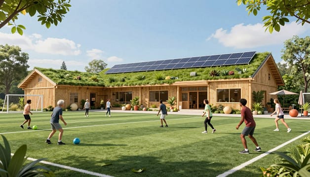 A vibrant eco-sports facility designed with sustainable materials, featuring green roofs and solar panels, set against a bright blue sky. In the foreground, athletes are engaged in various sports on an eco-friendly turf field, showcasing a diversity of age and ethnicity, all dressed in modest athletic wear. The middle ground showcases modern sports equipment made from recycled materials and native landscaping that enhances biodiversity. In the background, a multi-purpose building made from bamboo and reclaimed wood stands prominently, surrounded by lush greenery and trees. Soft sunlight filters through the leaves, casting gentle shadows, creating an inviting, energetic, and optimistic atmosphere that highlights sustainability in sports. The image captures a harmonious blend of nature and athleticism. A vibrant eco-sports facility designed with sustainable materials, featuring green roofs and solar panels, set against a bright blue sky. In the foreground, athletes are engaged in various sports on an eco-friendly turf field, showcasing a diversity of age and ethnicity, all dressed in modest athletic wear. The middle ground showcases modern sports equipment made from recycled materials and native landscaping that enhances biodiversity. In the background, a multi-purpose building made from bamboo and reclaimed wood stands prominently, surrounded by lush greenery and trees. Soft sunlight filters through the leaves, casting gentle shadows, creating an inviting, energetic, and optimistic atmosphere that highlights sustainability in sports. The image captures a harmonious blend of nature and athleticism.