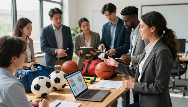 A vibrant, engaging scene depicting a diverse group of professionals negotiating group discounts for sports equipment. In the foreground, a confident woman in a smart business suit is presenting a proposal with a laptop open in front of her, displaying colorful charts and graphs. Surrounding her, a few attentive colleagues in professional attire are discussing, one pointing at pricing details on a tablet. In the middle ground, a table cluttered with sports gear like soccer balls, basketballs, and gym bags, emphasizing the equipment focus. The background should feature an office setting with large windows letting in natural light, casting soft shadows. The atmosphere should be collaborative and dynamic, reflecting a positive negotiating environment. A vibrant, engaging scene depicting a diverse group of professionals negotiating group discounts for sports equipment. In the foreground, a confident woman in a smart business suit is presenting a proposal with a laptop open in front of her, displaying colorful charts and graphs. Surrounding her, a few attentive colleagues in professional attire are discussing, one pointing at pricing details on a tablet. In the middle ground, a table cluttered with sports gear like soccer balls, basketballs, and gym bags, emphasizing the equipment focus. The background should feature an office setting with large windows letting in natural light, casting soft shadows. The atmosphere should be collaborative and dynamic, reflecting a positive negotiating environment.