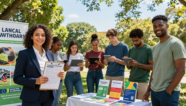 A vibrant scene depicting a sports advocacy campaign in action, showcasing a diverse group of individuals standing confidently in a park setting. In the foreground, a professional woman in business attire holds a clipboard with petitions while a man beside her sets up a media kit display, featuring colorful brochures and pamphlets. The middle ground features people engaging with digital tablets and smartphones, illustrating the use of various digital platforms for outreach. In the background, banners advocating for local sports improvements are elegantly displayed on a sunny day, with lush green trees and a clear blue sky enhancing the atmosphere. The lighting is bright and warm, conveying positivity and energy, captured with a slight upward angle to emphasize the campaign's hopeful spirit. A vibrant scene depicting a sports advocacy campaign in action, showcasing a diverse group of individuals standing confidently in a park setting. In the foreground, a professional woman in business attire holds a clipboard with petitions while a man beside her sets up a media kit display, featuring colorful brochures and pamphlets. The middle ground features people engaging with digital tablets and smartphones, illustrating the use of various digital platforms for outreach. In the background, banners advocating for local sports improvements are elegantly displayed on a sunny day, with lush green trees and a clear blue sky enhancing the atmosphere. The lighting is bright and warm, conveying positivity and energy, captured with a slight upward angle to emphasize the campaign's hopeful spirit.