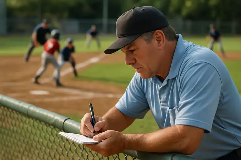 Coach writing participation notes while children practice baseball nearby