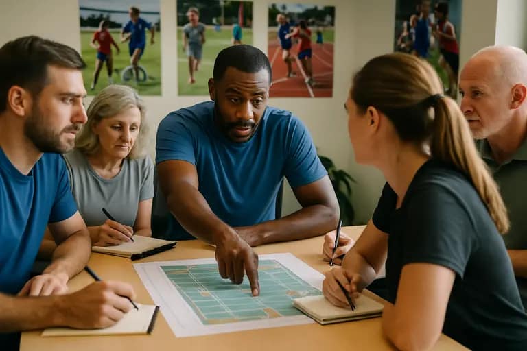Community organizers reviewing a soccer facility calendar at a table
