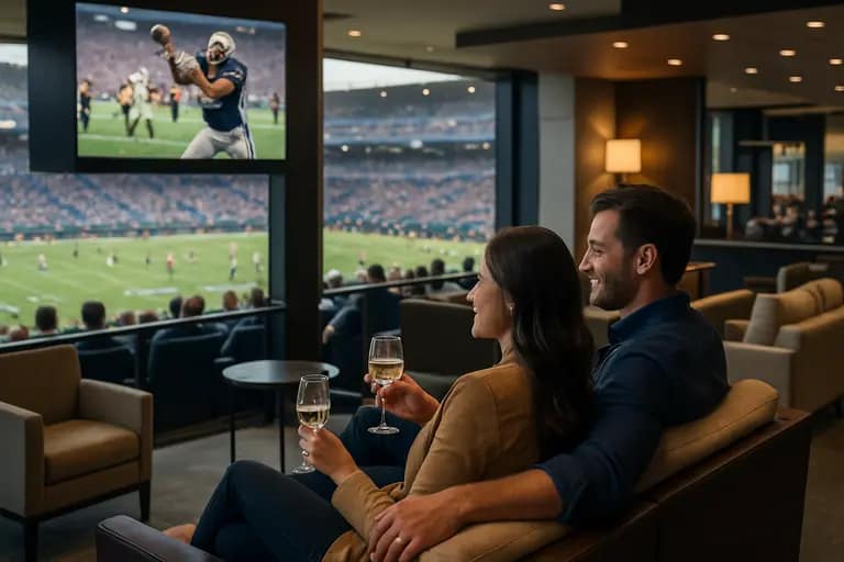 Stadium club seating area overlooking the field from an end-zone view