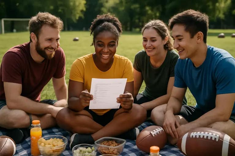 Youth football coach reviewing plans with families before a team outing