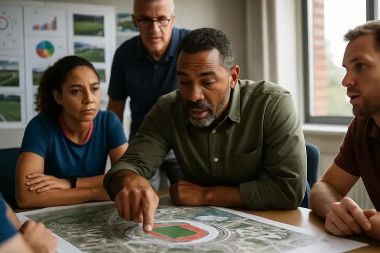 Community sports planners reviewing maps and transit routes near a stadium district