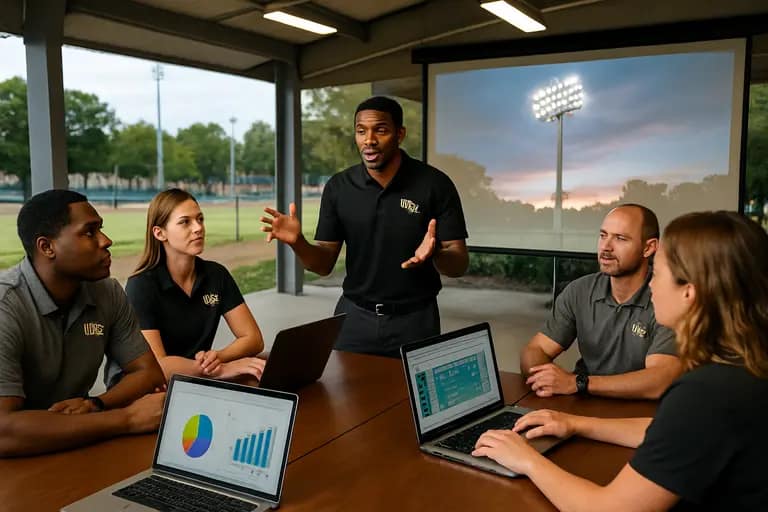 Evening stadium concourse with bright lights and fans using phones near seating areas